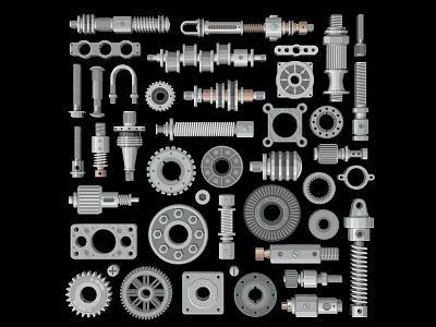 Mechanical Parts Silhouettes Including Gears Bolts Bearings And Springs Arranged On Black Background 3d model