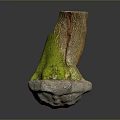 Natural Wooden Tree Stump Decorative Piece With Stone Base And Green Moss Texture