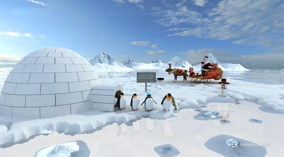 Scenic Arctic Landscape With Igloo Penguins Santa Sleigh Snowy Mountains And Blue Sky 3d model 