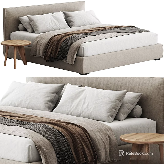 Modern Double Bed With Neutral Tones Plush Pillows And Wooden Side Table 3d model 
