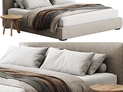 Modern Double Bed With Neutral Tones Plush Pillows And Wooden Side Table 3d model