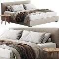 Modern Double Bed With Neutral Tones Plush Pillows And Wooden Side Table