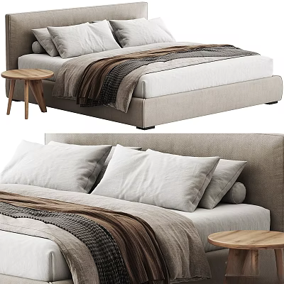 Modern Double Bed With Neutral Tones Plush Pillows And Wooden Side Table 3d model