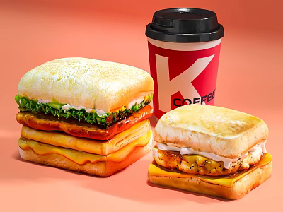 Two Tasty Grilled Sandwiches With Chicken Cheese Lettuce Tomato And K Coffee 3d model