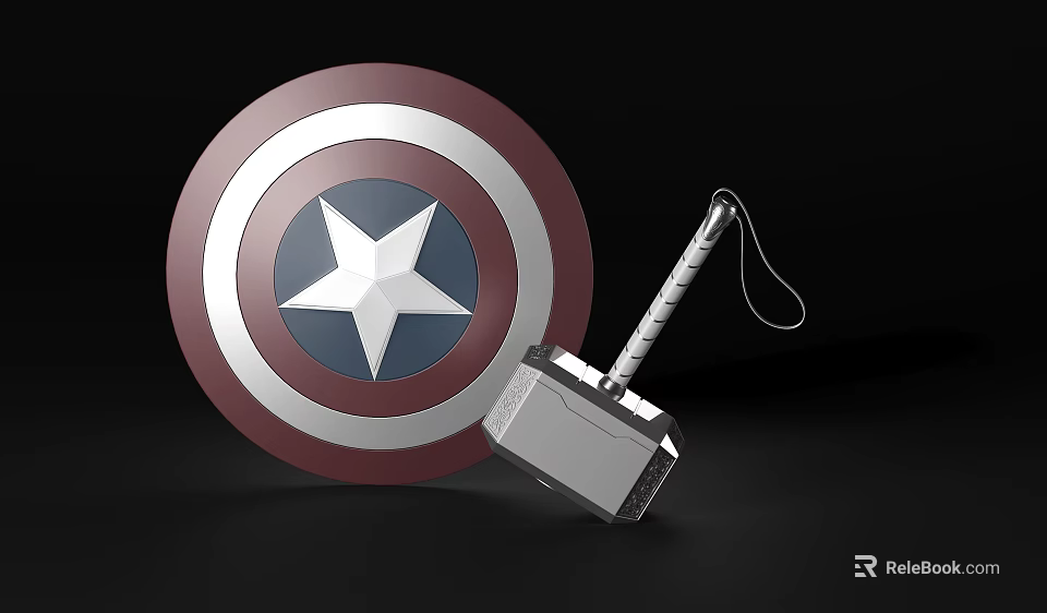 Popular Superhero Weapons Red Blue Shield With Star Design And Metal Hammer 3d model 
