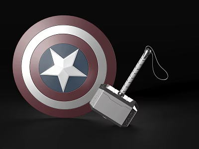 Popular Superhero Weapons Red Blue Shield With Star Design And Metal Hammer 3d model