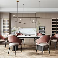 Modern Restaurant Interior Design With Dining Table Chairs Pendant Lights And Herringbone Floor 3d model