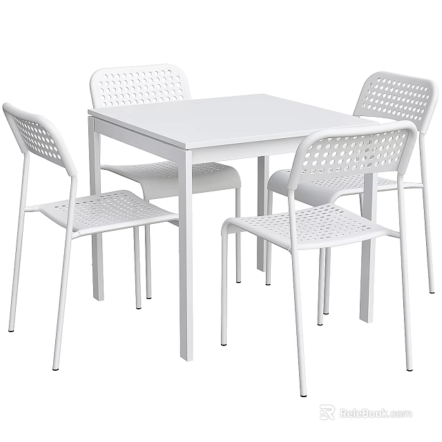 White Square Dining Table Set With Four Chairs Perforated Backrest And Modern Design 3d model