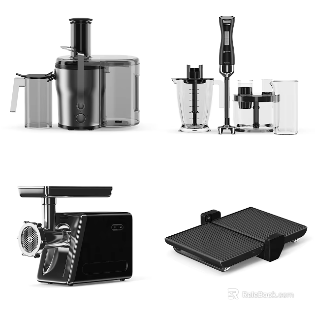 Essential Modern Kitchen Appliances Featuring Juicer Blender Meat Grinder And Cutting Tools 3d model