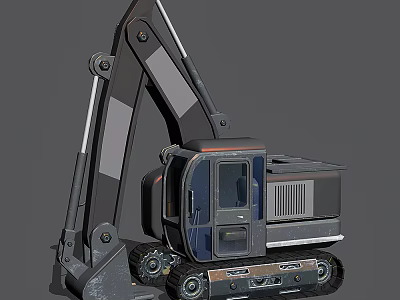 Modern Dark Colored Excavator With Tracked Base Mechanical Arm And Cab 3d model