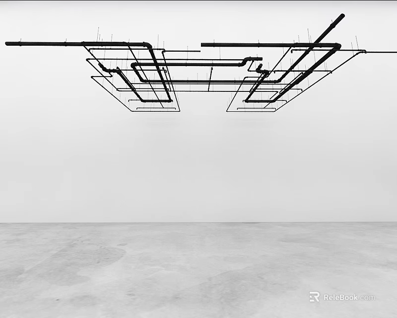 Intricate Black Metal Pipe Network Ceiling Mounted In Industrial Building Interior 3d model 