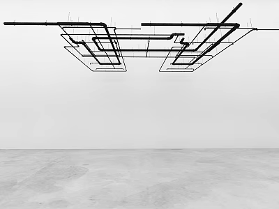 Intricate Black Metal Pipe Network Ceiling Mounted In Industrial Building Interior 3d model