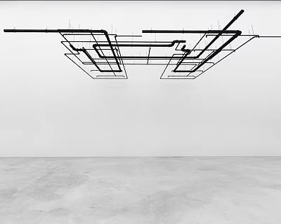 Intricate Black Metal Pipe Network Ceiling Mounted In Industrial Building Interior 3d model