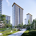 Modern High Rise Residential Buildings With Lush Greenery Lawn And Pathway
