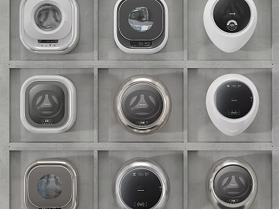 Modern Daily Electrical Appliances with Various Designs Displayed on Grid Shelves 3d model