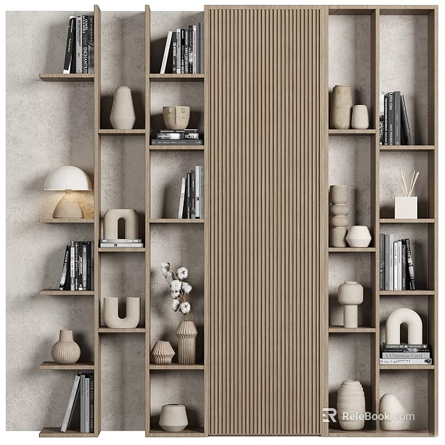 Modern Wooden Shelving Unit In Living Room With Books Decorative Vases And Artworks 3d model 
