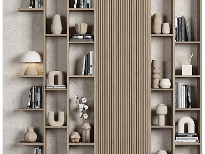Modern Wooden Shelving Unit In Living Room With Books Decorative Vases And Artworks 3d model