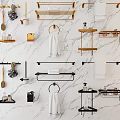 Bathroom Accessories Collection With Towel Racks Shelves Hooks And Soap Dishes On Marble Wall