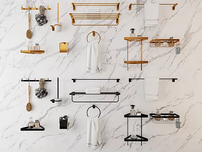 Bathroom Accessories Collection With Towel Racks Shelves Hooks And Soap Dishes On Marble Wall 3d model