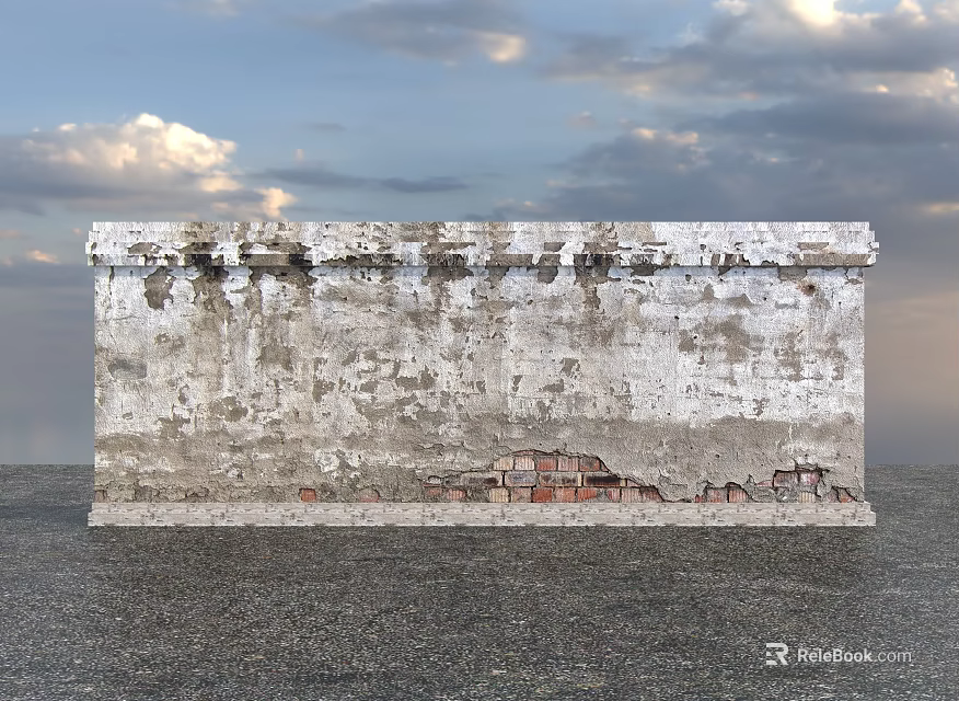 Weathered Building Exterior Wall With Peeling Surface And Exposed Red Bricks Against Sky 3d model 