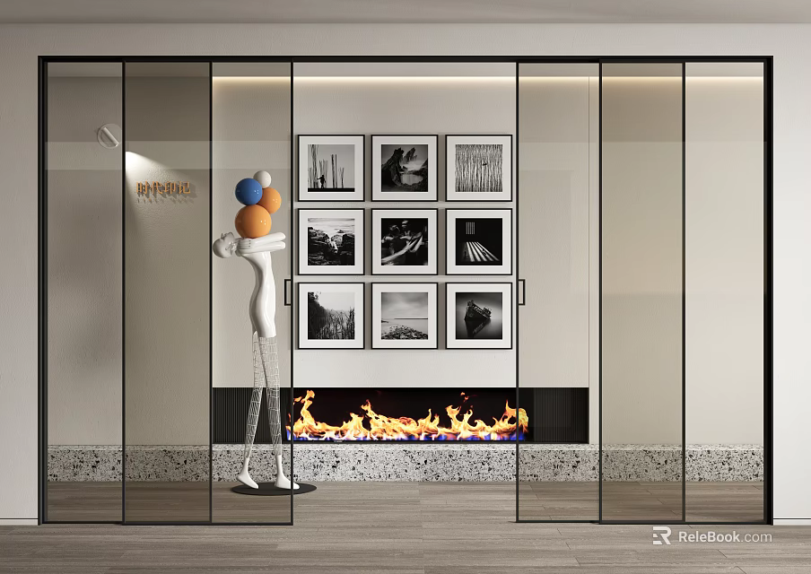 Modern Interior With Glass Sliding Doors Fireplace And Art Photo Frames 3d model 