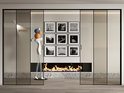 Modern Interior With Glass Sliding Doors Fireplace And Art Photo Frames 3d model
