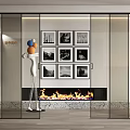 Modern Interior With Glass Sliding Doors Fireplace And Art Photo Frames