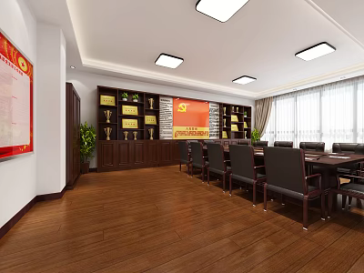 Spacious Meeting Room Interior With Long Conference Table Black Chairs Wooden Bookshelves And Red Flag 3d model