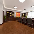 Spacious Meeting Room Interior With Long Conference Table Black Chairs Wooden Bookshelves And Red Flag