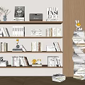 Books And Magazines Display On Wooden Shelves With Decorative Items And Stacked Books