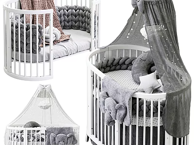 Cozy Baby Crib with White Railings Gray Mattress Plush Elephant Toys and Soft Canopy 3d model