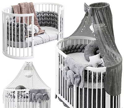 Cozy Baby Crib with White Railings Gray Mattress Plush Elephant Toys and Soft Canopy 3d model