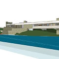 Modern Office Building With Glass Curtain Wall Green Roof And Waterfront Surroundings