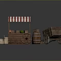 Vintage Wooden Stall With Red White Striped Awning Barrel Cart And Fruits