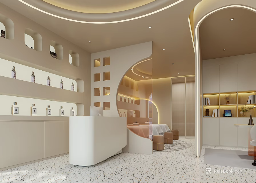 Modern Elegant Beauty Hair Salon Interior With Curved Design White Counter Product Shelves Lighting Decor 3d model 