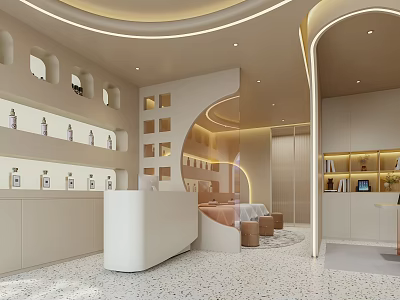 Modern Elegant Beauty Hair Salon Interior With Curved Design White Counter Product Shelves Lighting Decor 3d model