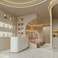 Modern Elegant Beauty Hair Salon Interior With Curved Design White Counter Product Shelves Lighting Decor
