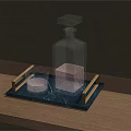 Transparent Diamond Cut Decanter and Tumbler Tableware Set with Wooden Handle Tray on Wooden Table