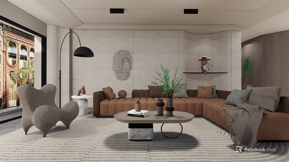 Modern Living Room Interior Design With Brown Sofa Round Coffee Table And Floor Lamp 3d model 