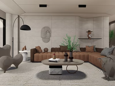 Modern Living Room Interior Design With Brown Sofa Round Coffee Table And Floor Lamp 3d model