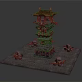 Traditional Chinese Multi tiered Tower With Pavilion Roof Golden Decorations And Stone Base Sculptures