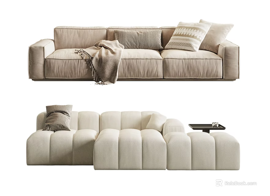 Modern Three Seater Sofas With Pillows Blanket And Padded Design 3d model