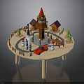 Wooden Play Table Scene With Tower Small Houses Trees Track And Toy Car