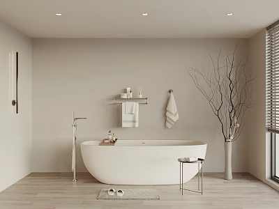 Freestanding White Bathtub In Modern Bathroom With Wall Shelf Towel Rack And Vase With Branches 3d model