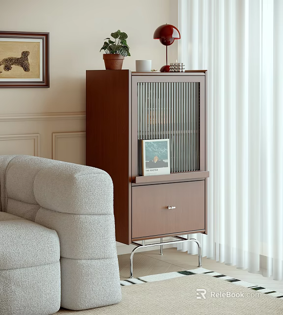 Stylish Brown Decorative Cabinet In Living Room With Glass Door Drawer And Potted Plant 3d model 