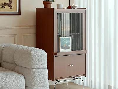 Stylish Brown Decorative Cabinet In Living Room With Glass Door Drawer And Potted Plant 3d model