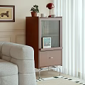 Stylish Brown Decorative Cabinet In Living Room With Glass Door Drawer And Potted Plant