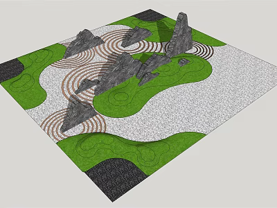 Traditional Zen Garden Design With Green Lawn Gray Stones And Circular Gravel Patterns 3d model