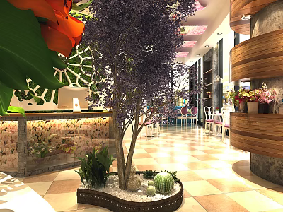 Tropical Restaurant Interior With Lush Green Plants Purple Tree And Wooden Decor 3d model