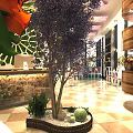 Tropical Restaurant Interior With Lush Green Plants Purple Tree And Wooden Decor